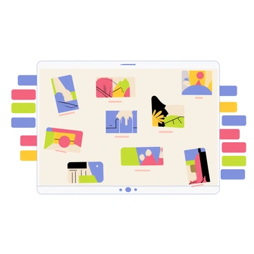 A moodboard filled with a variety of rectangular images showcasing different design concepts and inspirations for a new project. The images feature themes such as nature, architecture, and modern art. Surrounding the images are colorful rectangular swatches displaying a range of hues, including vibrant reds, calming blues, and earthy greens. The moodboard has a clean layout with labels indicating different aspects of the project, creating an organized and visually appealing composition.