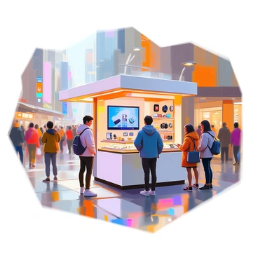 A modern tech kiosk located at a busy intersection in a bustling city, surrounded by tall buildings and a crowd of pedestrians. The kiosk is sleek and made of glass and metal, showcasing a variety of gadgets and electronics, including smartphones, headphones, and smartwatches, all neatly displayed on the shelves. Bright LED lights illuminate the kiosk, attracting the attention of passersby. A small screen on the kiosk features promotional videos of the latest technology products. Several people, including a young man in a denim jacket and a woman carrying a designer bag, are browsing the products, while others are engaged in conversations.