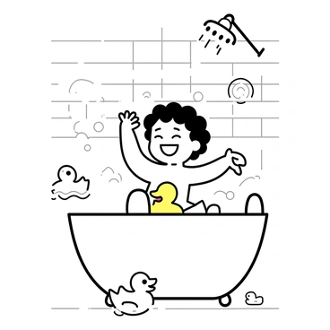 A toddler giggling in a small bathtub surrounded by floating toys