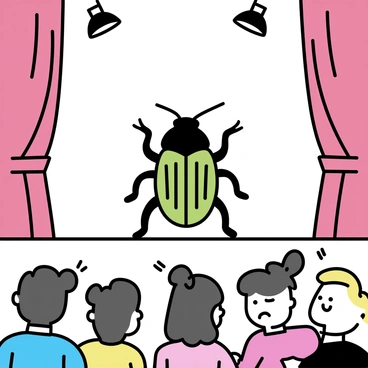 A theater stage, decorated with red velvet curtains on each side, is illuminated by bright stage lights. In the center, a giant bug, resembling a beetle, stands with its front legs raised, taking a bow. The bug has a glossy green and black shell with intricate patterns. In the foreground, a diverse audience of people, dressed in formal attire, sits in their seats, looking up at the stage with expressions of surprise and delight. The background features shadows of other stage props, enhancing the theater atmosphere.