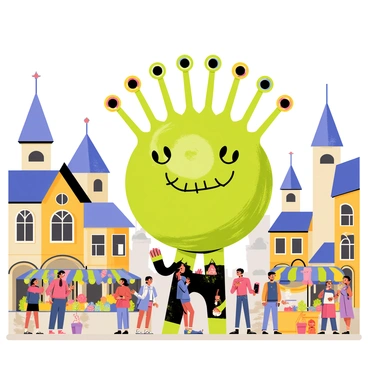 A grand statue of a beholder stands prominently in the center of a bustling fantasy town square. The statue has a large, round body covered in intricate carvings and textures that resemble scales. Its numerous eye stalks extend outward, each terminating with a different eye, showcasing vibrant colors and expressions. Surrounding the statue, townsfolk engage in various activities, with some admiring the sculpture while others chat animatedly. Colorful market stalls filled with fruits, fabrics, and trinkets line the edges of the square, adding to the lively atmosphere. In the background, charming medieval-style buildings rise, their pointed roofs and wooden beams creating a picturesque setting.