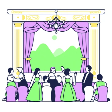 A grand opera scene unfolds within an opulently decorated theater. The stage is adorned with elaborate drapes and intricate golden accents. In the foreground, an elegantly dressed audience fills the seats, showcasing a variety of formal attire, including gowns and tuxedos. The lighting casts a soft glow on the ornate chandeliers hanging from the ceiling. Spectators are engaged in the performance, some leaning forward in their seats while others exchange whispers. The backdrop of the stage features an impressive landscape painting, enhancing the theatrical atmosphere.