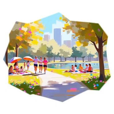 A city park scene filled with various activities and people enjoying the outdoors. In the foreground, several individuals are jogging along a winding path, wearing colorful athletic clothing. Nearby, a group of children is playing with a frisbee, laughing and running across the grass. Families are scattered across picnic blankets, sharing food and engaging in conversation. Trees provide shade around the park, and flowers are blooming along the pathways, adding vibrant splashes of color to the landscape. In the background, a small pond reflects the blue sky, with ducks swimming calmly.