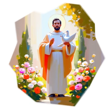 A saint with a gentle expression, wearing a flowing robe, stands gracefully in a tranquil garden. In one hand, he holds a white dove, symbolizing peace, while the other hand is softly extended. The garden is filled with vibrant flowers in full bloom, including roses and lilies, surrounding the saint. Lush greenery and tall trees provide a serene backdrop, while soft rays of sunlight filter through the leaves, creating a warm and inviting atmosphere.