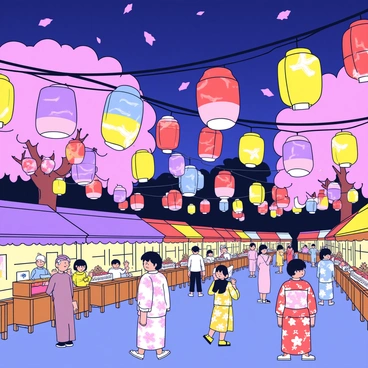 A collection of colorful paper lanterns hanging from strings, illuminating the scene with a warm glow. The lanterns are in various shapes and sizes, featuring a mix of vibrant colors like red, blue, and yellow. Below the lanterns, there are small wooden stalls offering traditional Japanese snacks. People can be seen enjoying the festival, wearing summer yukatas with floral patterns. Cherry blossom trees are in the background, their delicate pink petals gently falling. The sky is darkening, enhancing the soft light emitted by the lanterns.