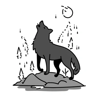 A wolf standing on a rocky outcrop, its fur dark and wet from the rain. The wolf's head is tilted back, howling towards the sky, with its mouth open wide. Raindrops are visible in the air, glistening in the moonlight that casts a soft glow across the scene. The background is filled with silhouettes of trees, creating a sense of depth and wilderness. The ground around the wolf is muddy, with puddles reflecting the pale light from the moon.