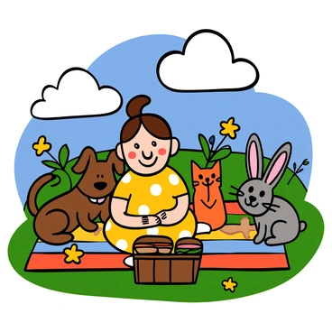 A cartoon girl with light skin and short brown hair is sitting on a colorful picnic blanket in a sunny field. She is smiling and wearing a yellow dress with white polka dots. Surrounding her are several animal friends: a cute brown dog with floppy ears, a playful orange cat with green eyes, and a cheerful rabbit with long ears. The picnic basket nearby is filled with fruits and sandwiches. In the background, there are green grass and a few blooming flowers under a bright blue sky with fluffy white clouds.