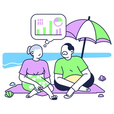 An elderly couple is sitting on a beach, both appearing relaxed and content. The man has a white mustache and is wearing a light blue shirt with beige shorts. The woman has gray hair tied back and is wearing a floral dress with sun hats. They are seated on a large beach towel, surrounded by seashells and a beach umbrella. Above their heads, a thought bubble displays a chart illustrating their retirement savings plan. The chart includes bar graphs and pie charts with clear labels, emphasizing their financial goals. The ocean and gentle waves can be seen in the background, enhancing the beach setting.
