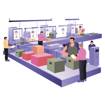 A digital flat illustration depicting a conveyor belt in a busy factory setting. The conveyor belt is loaded with colorful packages in various sizes and shapes, including red boxes, blue cylinders, and green bags. The factory features large machinery in the background, including assembly lines and tools. Workers in uniforms are actively engaged in the manufacturing process, with some inspecting packages and others operating machines. Bright overhead lights illuminate the scene, creating a vibrant atmosphere filled with activity.