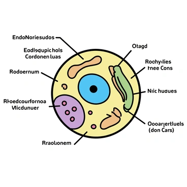 A vibrant animal cell, featuring a round shape with a semi-permeable membrane. Inside the cell, there are various organelles, each distinctly colored. The nucleus is a bright blue, surrounded by a dark blue nucleolus. The mitochondria are depicted in orange with a striped pattern. The endoplasmic reticulum is light green, with smooth and rough sections visible. The Golgi apparatus is illustrated in purple, showcasing stacked, folded membranes. Ribosomes are small, round, and scattered in red around the cell. The cytoplasm is a clear light yellow, allowing the organelles to stand out. Each organelle is accompanied by clear labels in black text.