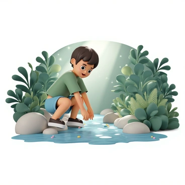 A young child, wearing a green t-shirt and denim shorts, is exploring a lush forest. The child has bright eyes and an expression of curiosity as they crouch beside a small, clear stream. The stream is gently flowing over smooth, round rocks, surrounded by vibrant green plants and ferns. Sunlight filters through the trees, creating dappled light patterns on the ground. The child reaches out to touch the water, with a few colorful pebbles scattered nearby.