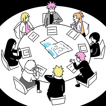 A group of Akatsuki members is seated around a large, round table. Each member displays their unique attire and characteristics. In the center of the table, there are various maps and documents spread out. The atmosphere shows intense discussion as some members lean forward, while others gesture with their hands. The member with spiky red hair and a long coat is pointing at a map, while another with long black hair listens attentively. A third member with orange hair is taking notes. The room is dimly lit, emphasizing the focus on their plans.