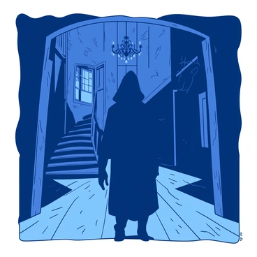 A dark blue storyboard panel features a mysterious, shadowy figure standing in the center of an old mansion. The mansion has cracked walls and peeling wallpaper, with cobwebs hanging from the corners of the high ceiling. Dim light filters in through broken windows, casting eerie shadows across the wooden floor. The silhouette of the figure is indistinct, with elongated limbs and a hood obscuring its face. In the background, an antique chandelier hangs precariously, its crystals glistening faintly in the low light. An ornate staircase curls upwards, leading to more darkened rooms shrouded in mystery.