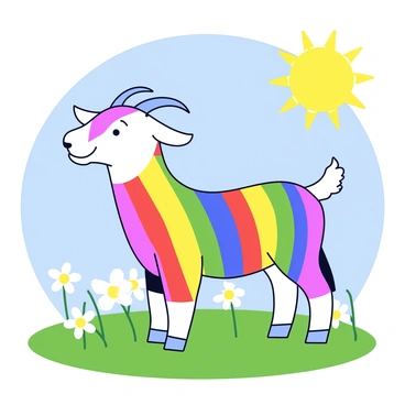 A goat with a colorful rainbow-colored coat, featuring vibrant stripes of red, orange, yellow, green, blue, and purple. The goat is standing on green grass in a bright pasture filled with daisies. The sun is shining in a clear blue sky above, casting a warm glow on the scene.