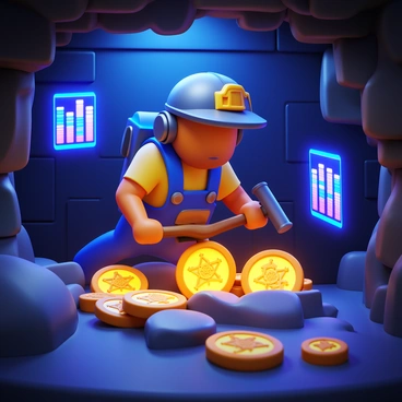 A miner wearing a helmet and safety gear is extracting "glowing coins" from a "digital cave" illuminated by "neon lights". The miner is using a pickaxe to break apart the surrounding "pixelated rock formations" that emit a soft glow. The coins are "shiny and reflective" with intricate designs on their surfaces. The cave's walls are made of "blocky digital textures", and there are "floating holographic displays" showing statistics and information about the coins. The atmosphere is filled with a slight mist, enhancing the "futuristic and digital" ambiance of the scene.