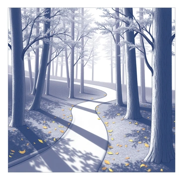 A winding forest path stretches through a dense canopy of trees. The ground is carpeted with vibrant autumn leaves, creating a rich tapestry of textures. Sunlight filters through the branches above, casting intricate shadows on the path. The trunks of the trees are strong and tall, their bark textured with deep grooves. Some leaves dance gently in the breeze, while others rest quietly on the ground. The atmosphere is tranquil, inviting one to explore further into the woods.