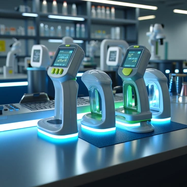 An array of futuristic gene editing tools displayed neatly on a stainless steel lab table. The tools have sleek, streamlined designs with a variety of colors including silver, blue, and green. Each tool features intricate details such as digital screens and buttons, showcasing advanced technology. The table is illuminated with soft, ambient lighting that enhances the glowing effects surrounding the tools, creating a high-tech atmosphere. Various lab equipment like test tubes and microscopes can be seen in the background, adding to the scientific setting.