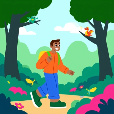 A young adventurer with a backpack is walking through a mystical forest. The forest is filled with enchanting creatures, including a small dragon perched on a branch and glowing fairies fluttering around. Tall, whimsical trees with oversized leaves create a canopy overhead, while vibrant flowers bloom at the adventurer's feet. The adventurer has a determined expression, with wide eyes filled with wonder. Sunlight filters through the leaves, casting dappled light onto the forest floor.