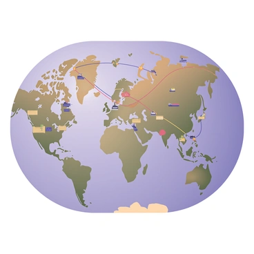 A digital flat illustration featuring a detailed world map showcasing various continents and oceans. The map is filled with vibrant colors, depicting the land in rich greens, browns, and yellows. Colorful paths crisscross over the map, illustrating active global trade routes in bright red, blue, and yellow lines. Each trade route connects major cities around the world, which are marked with small icons representing landmarks. The ocean areas are illustrated in shades of blue, with texture added to represent waves. Small ships and cargo containers are scattered along the trade routes, emphasizing the concept of global trade.