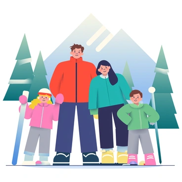 A family of four is posing for a photo on a snowy mountain backdrop. The father has short brown hair and is wearing a bright red ski jacket and dark blue ski pants. The mother has long black hair tied in a ponytail, dressed in a teal ski jacket and black leggings. One child is a young girl with curly blonde hair, wearing a pink ski suit and a white helmet. The other child is a boy with straight brown hair, dressed in a green ski jacket and gray pants. They are all smiling, surrounded by tall evergreen trees covered in snow and a clear blue sky above. Ski equipment is scattered around them, including two sets of skis and poles leaning against a nearby tree.