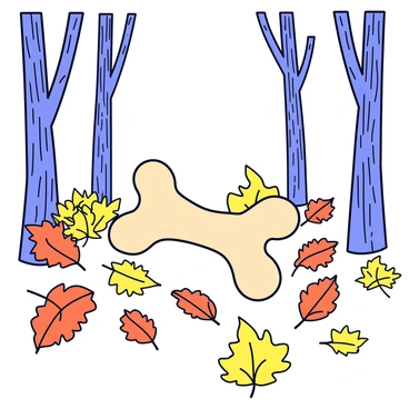 A wishbone with a smooth, light-colored surface is nestled among a variety of autumn leaves, showcasing vibrant shades of orange, yellow, and brown. The leaves are scattered on the forest floor, creating a textured blanket around the wishbone. Surrounding the clearing, tall trees with bare branches reach towards the sky, their bark textured and detailed. Sunlight filters through the branches, casting gentle shadows on the ground.
