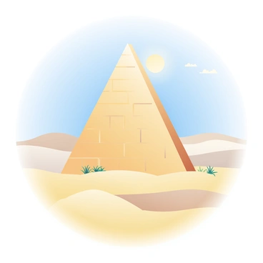 A grand pyramid is standing tall, made of beige stone blocks that reflect the bright sunlight. The pyramid has a distinctly angular shape, tapering to a point at the top. Surrounding the pyramid are vast sand dunes, smooth and undulating, with varying shades of golden and light brown. The sky above is clear with a bright blue hue, and the sun is high, casting sharp shadows on the sandy terrain. Sparse patches of dry grass can be seen at the base of the pyramid, contrasting with the soft sands.