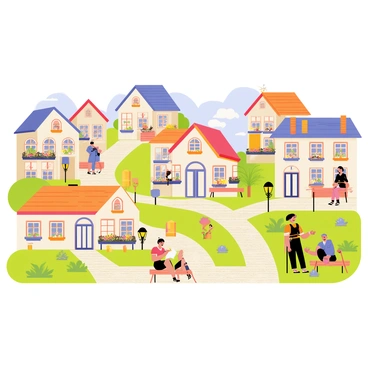 A charming storybook village with warm, inviting houses in pastel colors, each with unique architectural features like gabled roofs and flower boxes. The cobblestone streets wind through the village, flanked by lush greenery and small gardens. Small lanterns hang from wooden posts along the pathways, and the scene is populated by cheerful villagers engaged in various activities, such as chatting on benches and tending to their gardens. A clear blue sky complements the picturesque setting, adding to the overall charm of the village.