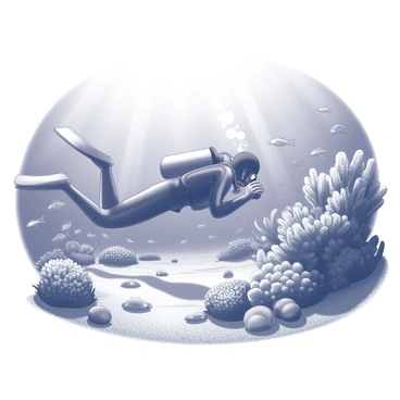 A scuba diver is submerged underwater, observing a coral reef. The diver is equipped with a wetsuit and an oxygen tank. Surrounding the diver, there is a diverse array of marine life, with various shapes and sizes of fish swimming nearby. The coral formations are intricate and varied, showcasing a range of textures and structures. Sunlight penetrates the water, creating dynamic patterns on the sandy ocean floor.