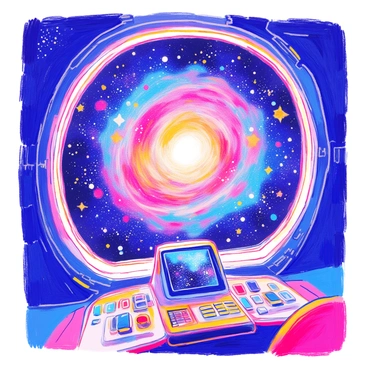 A spaceship window frames a view of a vibrant spiral galaxy. The galaxy displays swirling arms filled with bright stars and colorful nebulae. The deep space surrounding the galaxy is dotted with distant stars that twinkle like tiny diamonds against the blackness. The spaceship's sleek control panel is partially visible, with glowing buttons and screens reflecting the stunning cosmic display outside. The curvature of the window enhances the sense of depth and immersion in the vastness of space.