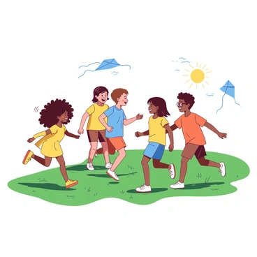 A diverse group of children is playing together in an open grassy field. There are children of various ethnicities, including a girl with curly black hair wearing a yellow dress, a boy with light brown hair dressed in a blue shirt, and another girl with straight black hair sporting an orange t-shirt. They are engaged in a game of tag, laughing and running around. The sun is shining brightly, casting cheerful shadows on the ground. Nearby, a small blue kite is flying high in the sky, held by a boy with glasses. The atmosphere is lively and filled with joy as they enjoy their time together.