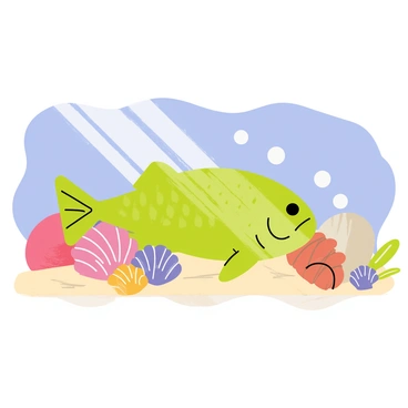 A colorful underwater scene featuring a bed of various seashells scattered across the sandy ocean floor. Among the seashells, a large grouper fish is resting quietly, displaying its textured scales in shades of green and brown. Sunlight filters through the water's surface, casting gentle light onto the shells and the grouper, revealing a few small bubbles rising nearby.