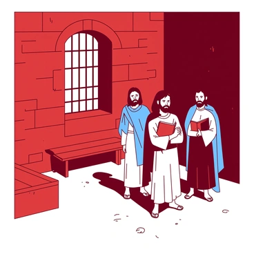 A red jail cell with grim stone walls. There are four apostles standing together in the center of the cell, each with distinct clothing and expressions of determination. One apostle has a blue cloak draped over his shoulders, while another wears a simple white tunic. The third apostle holds a book tightly against his chest, and the fourth stands with arms crossed, looking resolute. Sparse light filters through a barred window, casting shadows on the cold floor. A small wooden bench is positioned against one wall, enhancing the bleak atmosphere of the cell.
