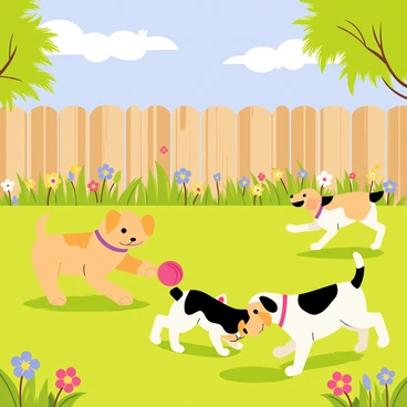 A sunny backyard filled with vibrant green grass and colorful flowers. Several playful puppies, including a golden retriever and a beagle, are happily chasing each other. One puppy is playfully tugging on a red rubber ball, while another is rolling over in the grass. A wooden fence surrounds the yard, and a bright blue sky with fluffy white clouds is visible above.