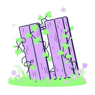 A wooden fence is leaning slightly to one side, creating an angle in its structure. The fence is weathered, with visible textures and grains of the wood. It is almost completely covered in climbing plants, with numerous green leaves cascading down the sides. Some of the climbing plants have delicate tendrils wrapping around the wooden slats. The ground in front of the fence is dotted with small patches of grass and a few wildflowers peeking through, adding a touch of natural beauty to the scene.