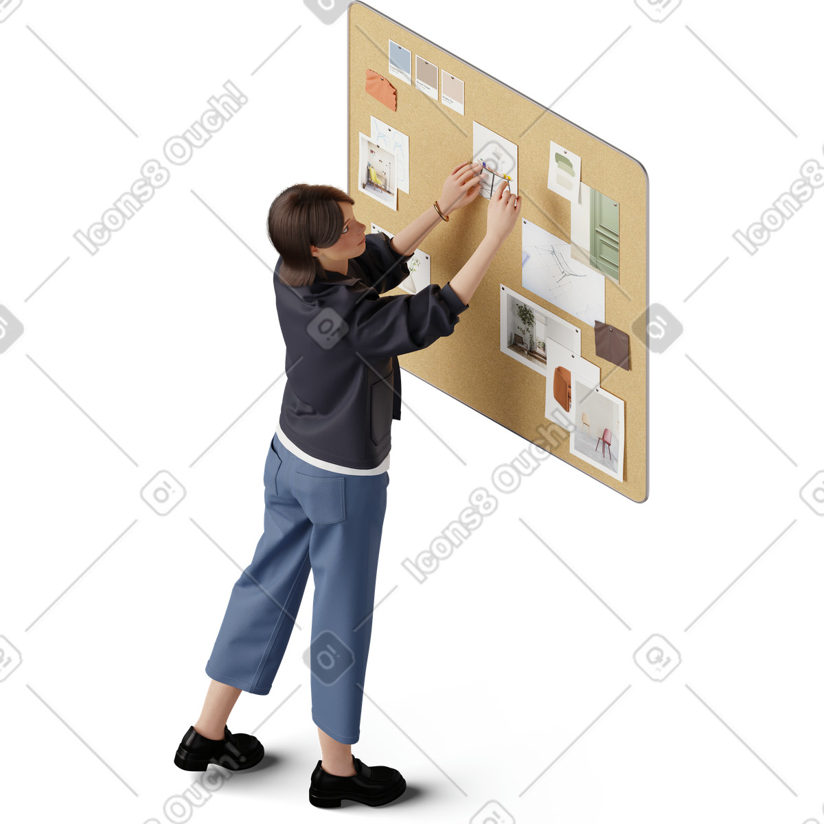 Ilustração de Visão isométrica de uma jovem fixando uma foto no quadro de humor em PNG e SVG