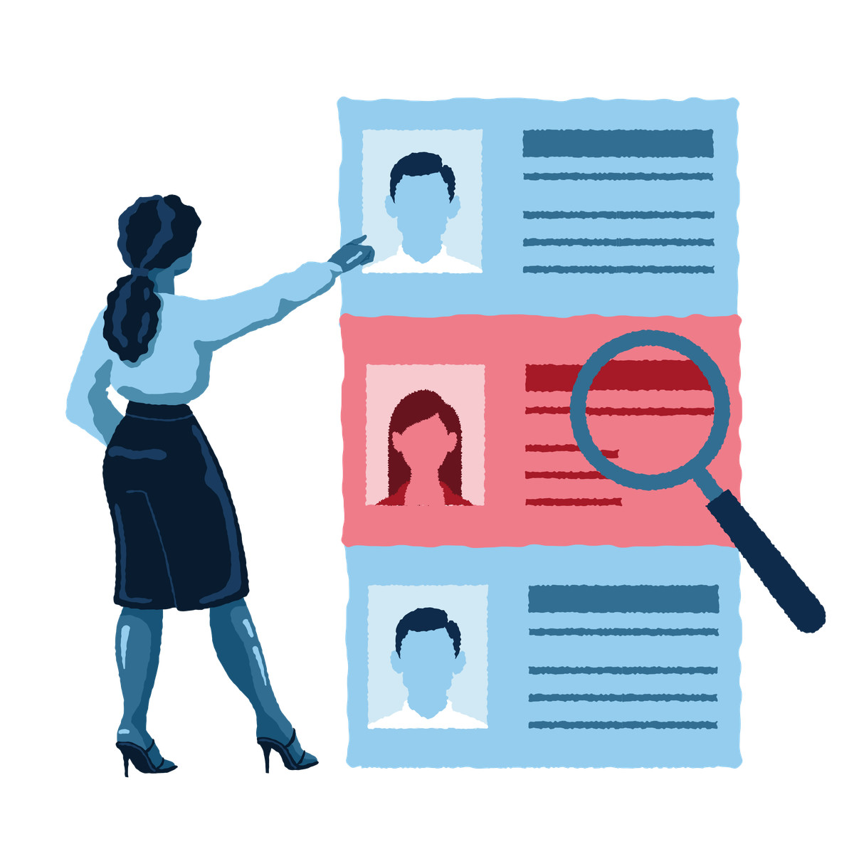 Woman recruiter looking for the candidates illustration in PNG, SVG