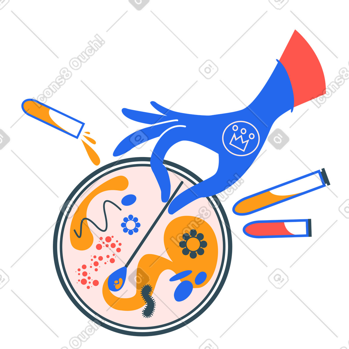 Hand swabbing petri dish sample animated illustration in Kingdom style download in GIF, Lottie (JSON), AE