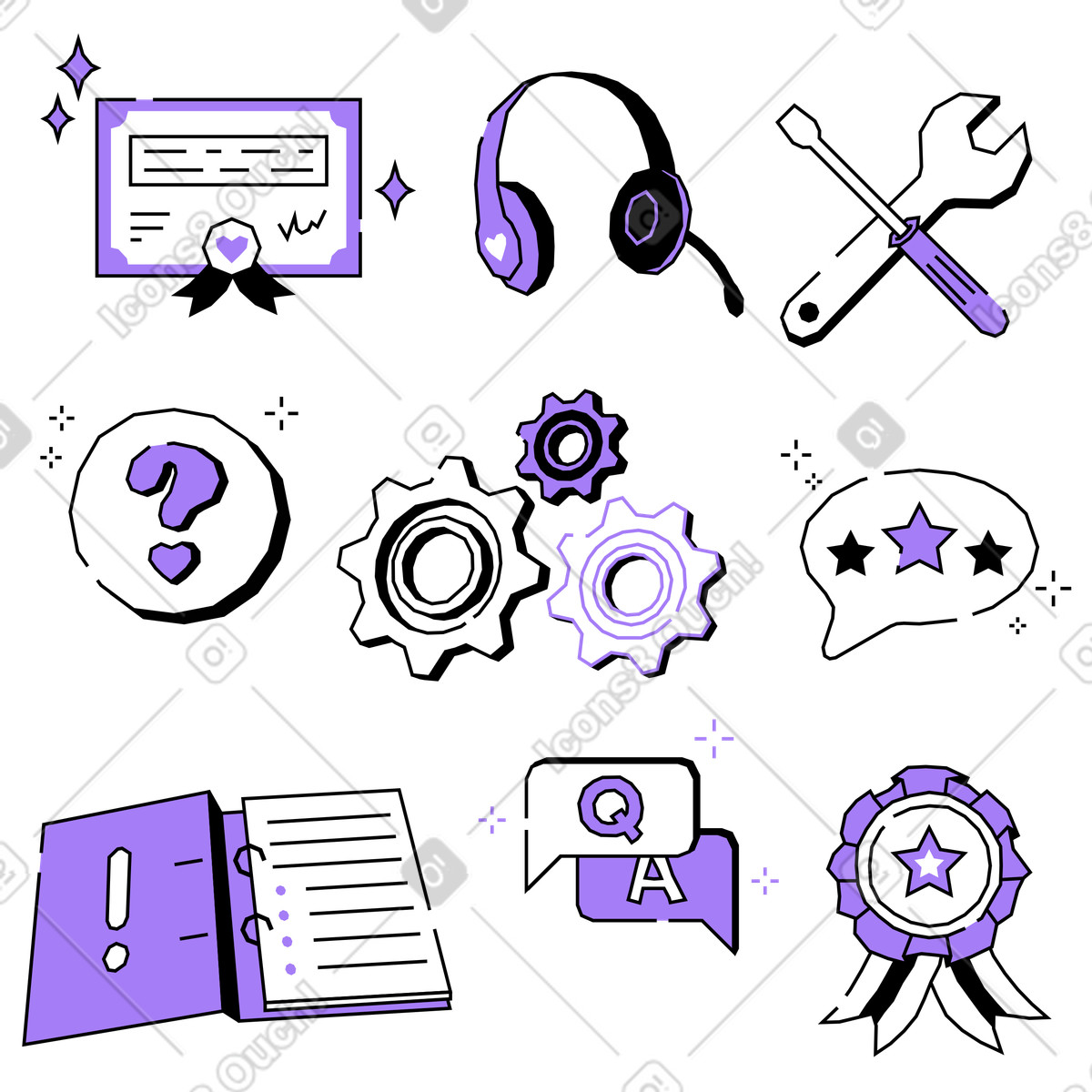 Customer and technical support items illustration in Amethyst style download in PNG, SVG