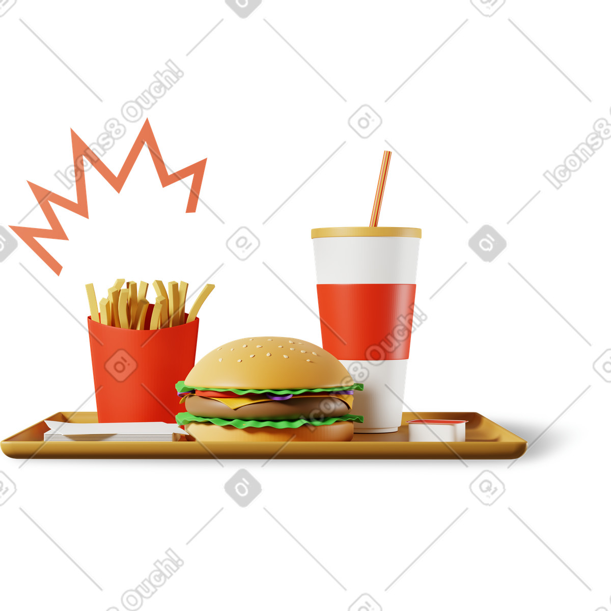 Illustration Ensemble de restauration rapide composé hamburger, frites et boissons dans le style 3D Plastic people à télécharger aux formats PNG, SVG