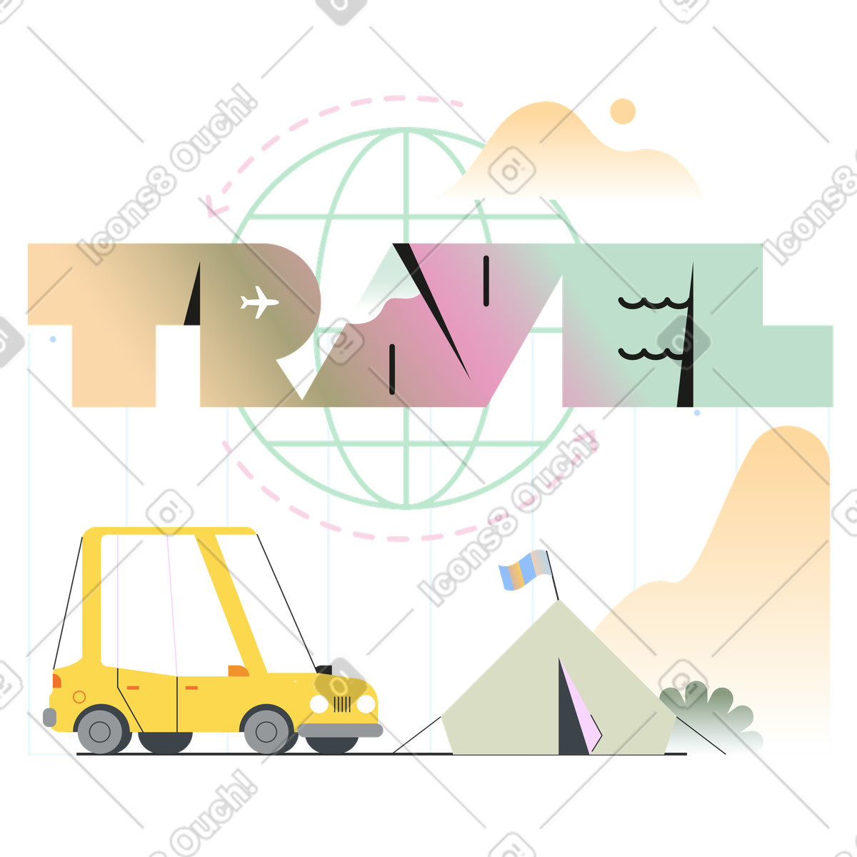 Car parked near camping tent, Road trip travel and tourism illustration in Marginalia style download in PNG, SVG