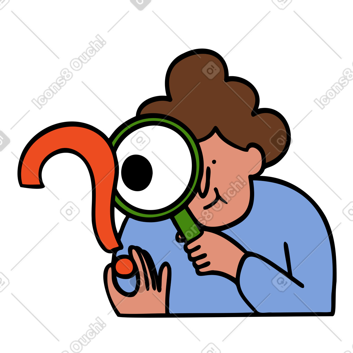 Illustration Homme explorant un point d'interrogation avec une loupe dans le style Comic à télécharger aux formats PNG, SVG
