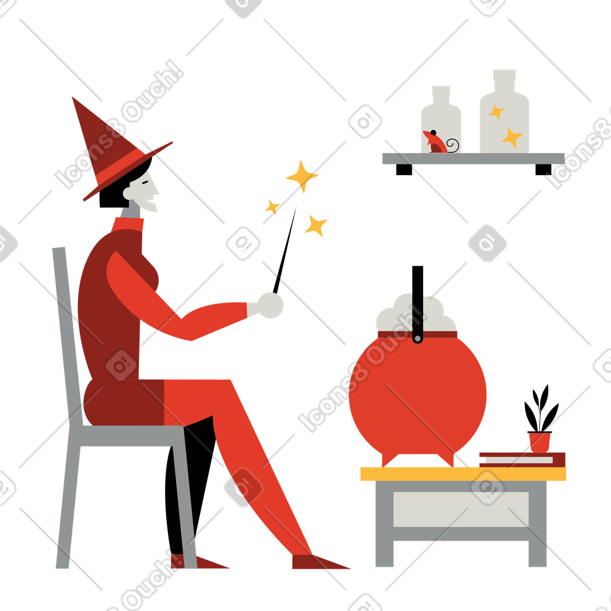 Burgundy スタイルの 大釜で魔法を行う魔女 のイラストをPNG、SVG形式でダウンロード