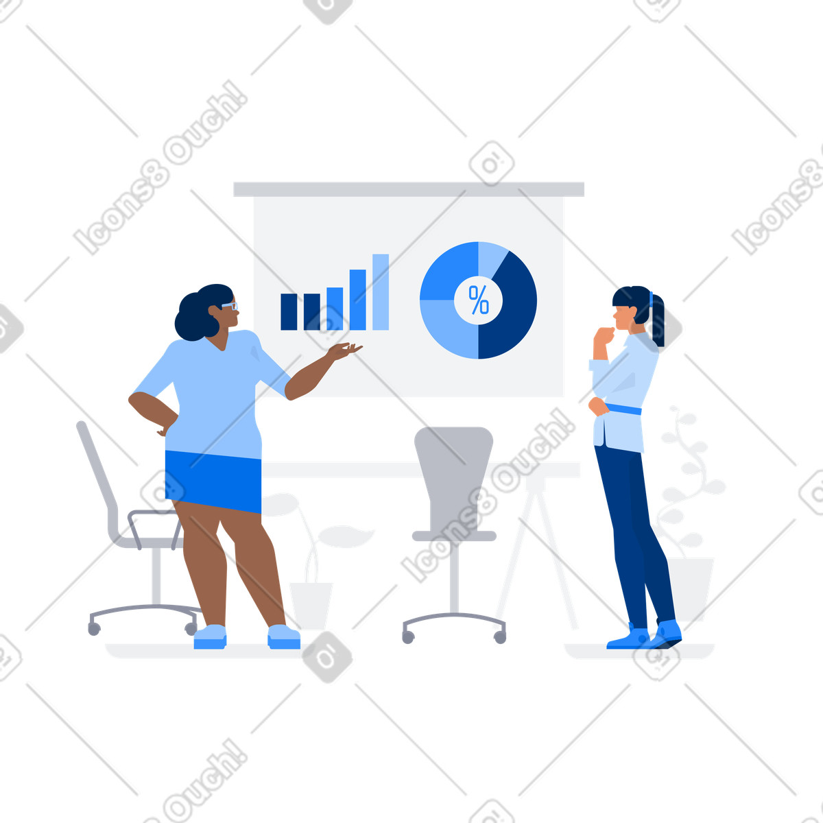 Women colleagues discussing statistics in the office illustration Urban style download PNG, SVG