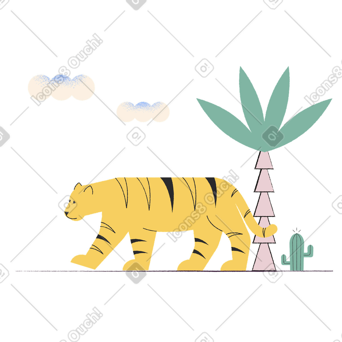 Tigre che cammina sotto la palma nella giungla illustrazione in stile Pablo scarica in PNG, SVG