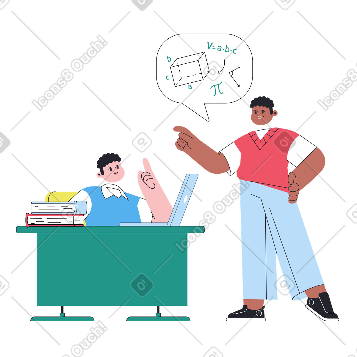 Ilustración Teacher explaining math lesson to student at desk, Studying mathematics en estilo Boba a descargar en PNG y SVG