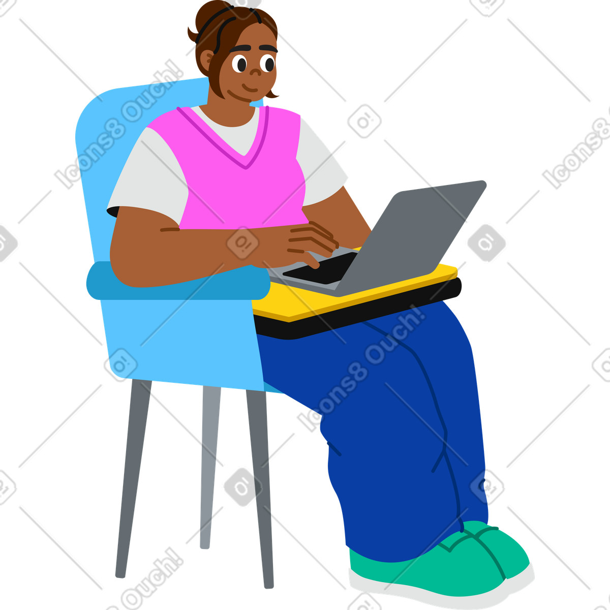 Donna seduta su una sedia con un computer portatile illustrazione in stile Active scarica in PNG, SVG