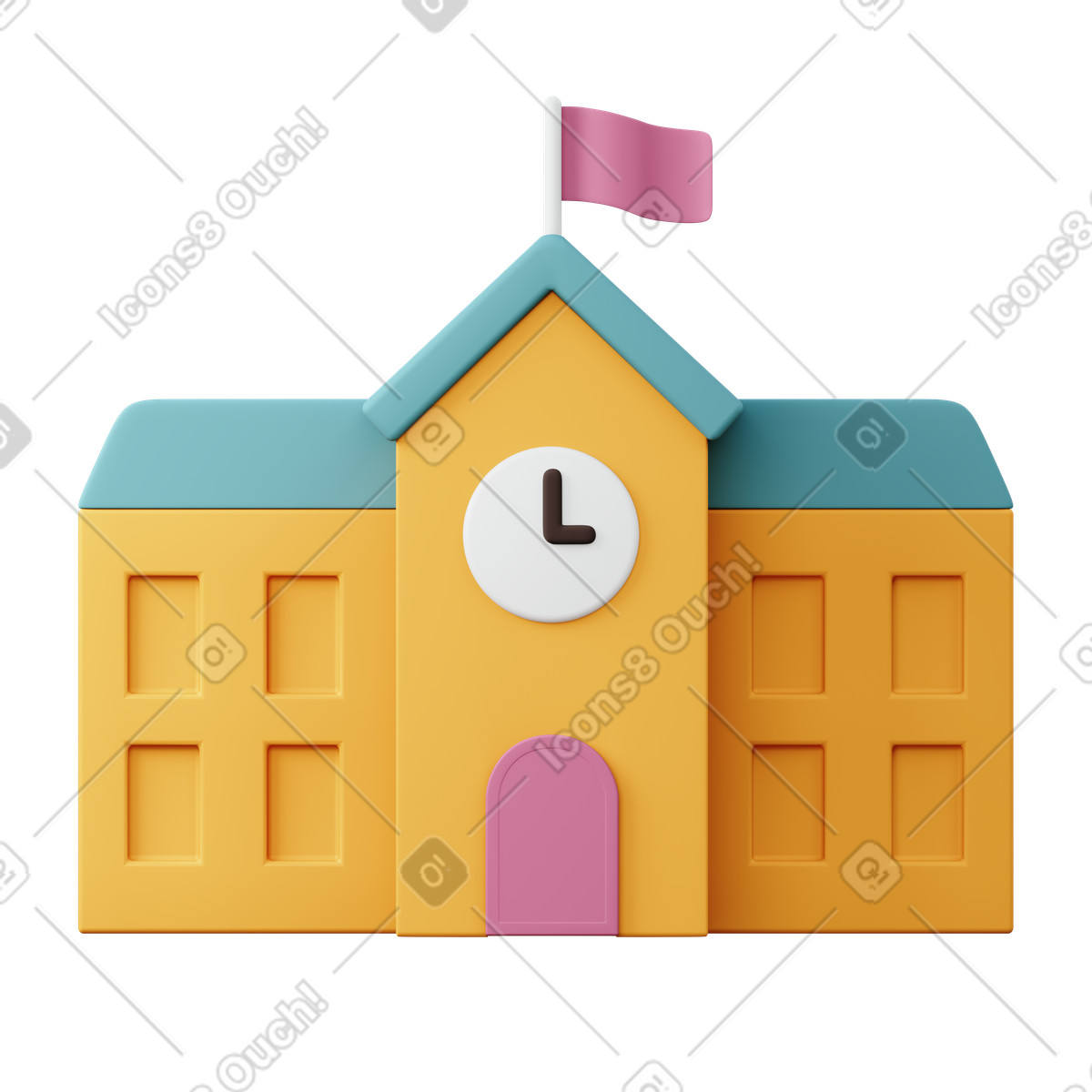 School building with clock and flag illustration in 3D Sugary style download in PNG, SVG