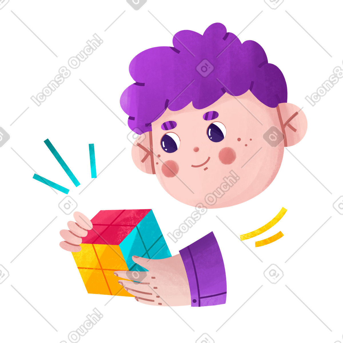 Logic puzzle brain training, kid playing with colorful rubik cube illustration in Bonbon style download in PNG, SVG