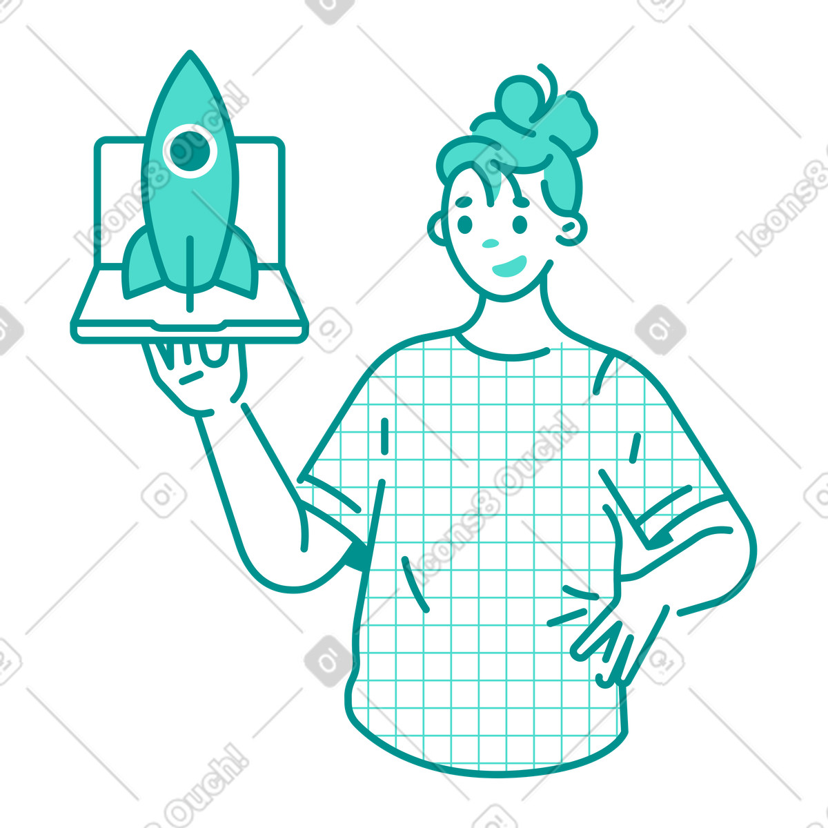 Ilustração de Woman holding laptop with a rocket representing project launch em no estilo Natty para baixar em PNG, SVG