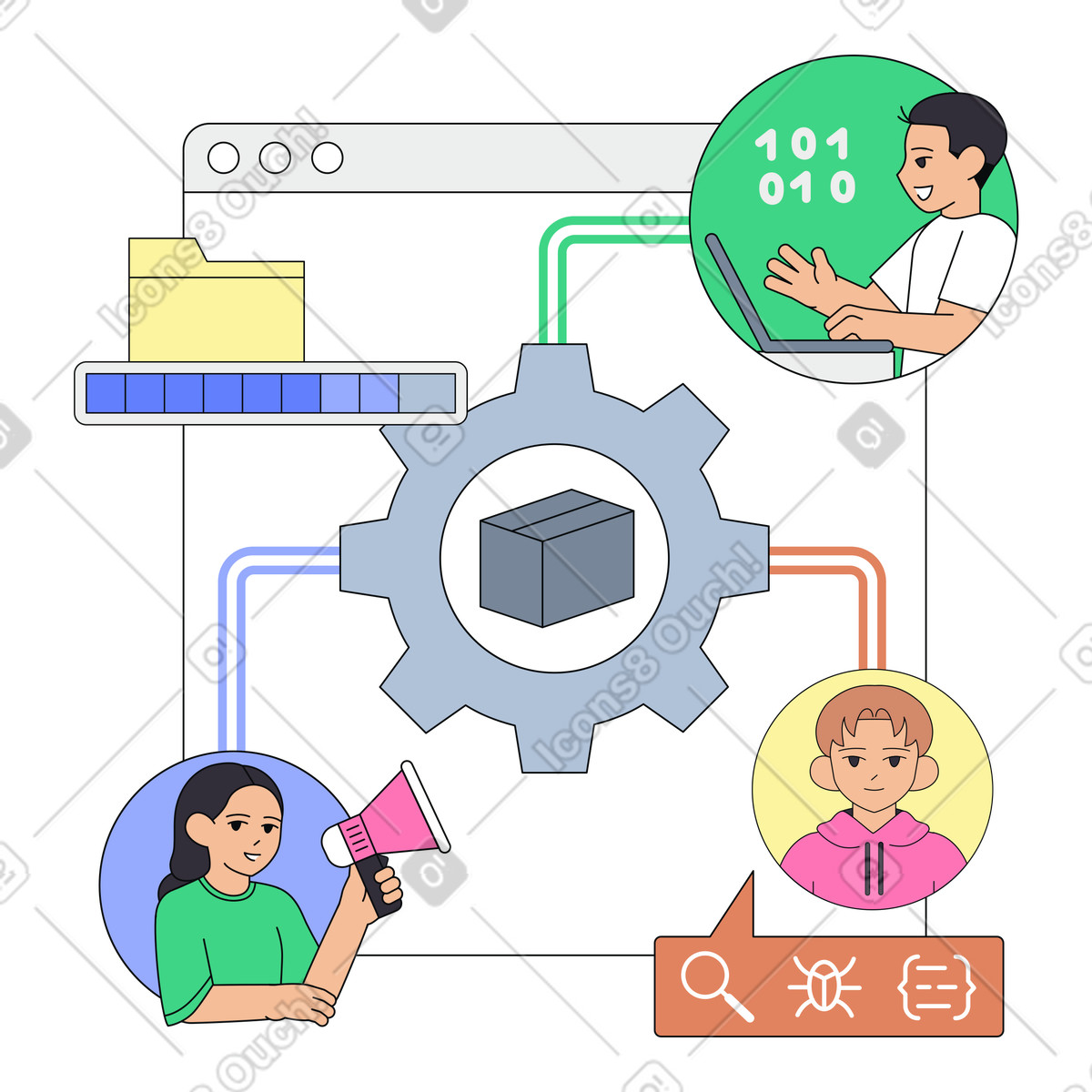 Cross-functional team collaboration, Coordinated product development roles, Collaborative workflow across departments illustration in Teko style download in PNG, SVG
